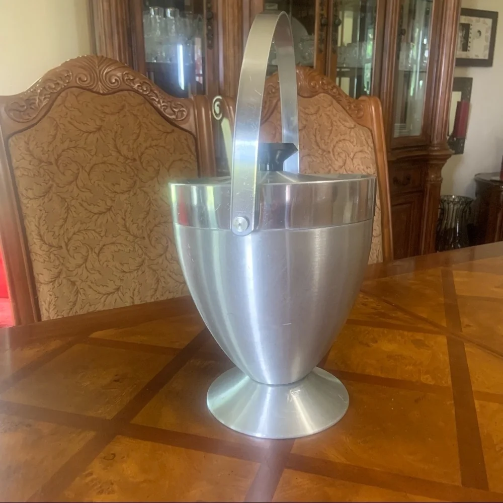 Vintage Mid Century Modern Brushed Stainless Steel Ice Bucket & Strainer